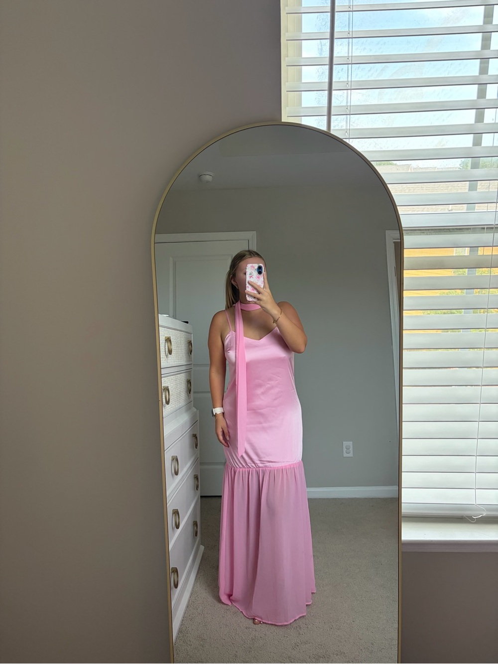 Boutique Satin Pink Maxi Dress with Neck Tie